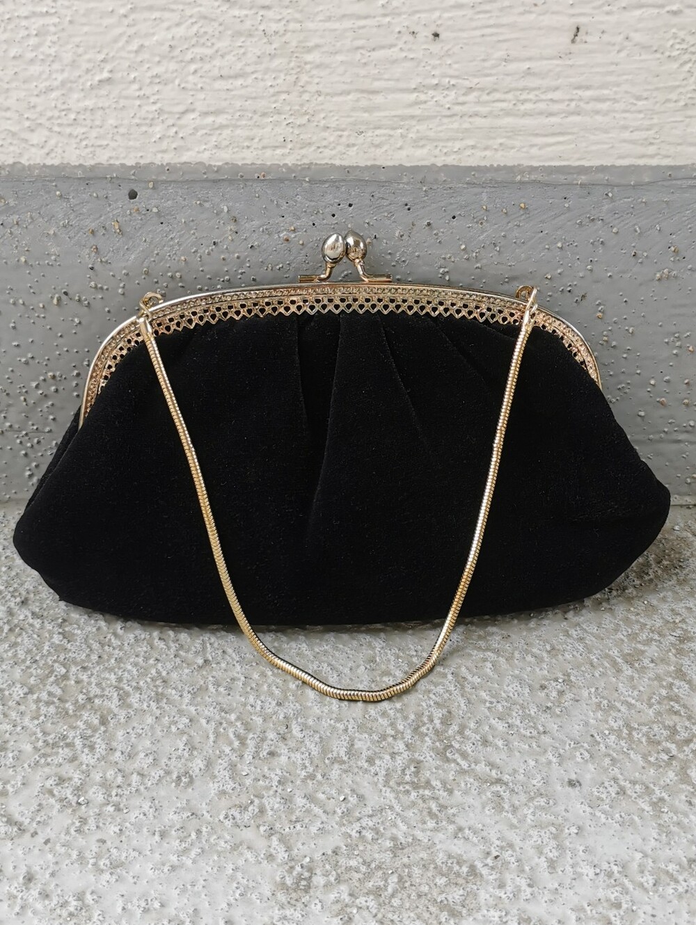Vintage Black Velvet Kiss Lock Evening Bag Made in Hong Kong